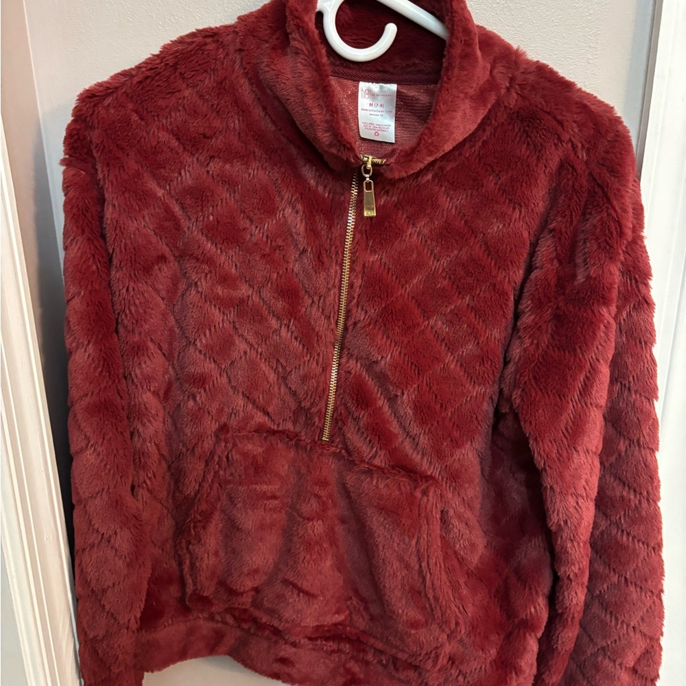 Cozy Red Fleece Pullover with Gold Zipper